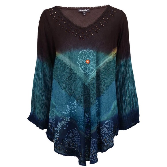 Greater Good ~ Earth & Sky Ombré Embroidered, Sequined, Beaded Boho Top - Picture 4 of 14